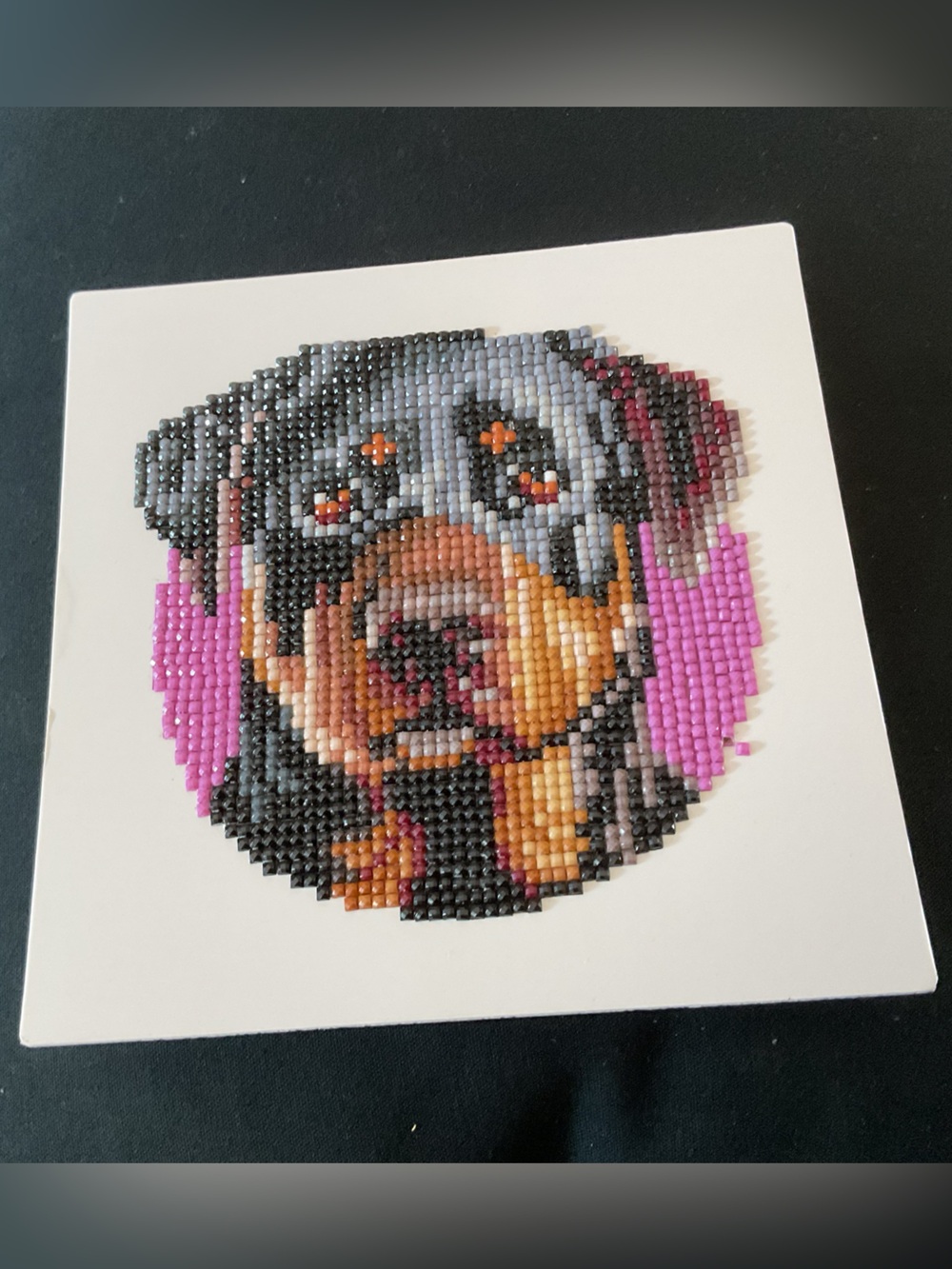 Whimsical Rottweiler Diamond Art – Pink & Grey Sparkle Design.